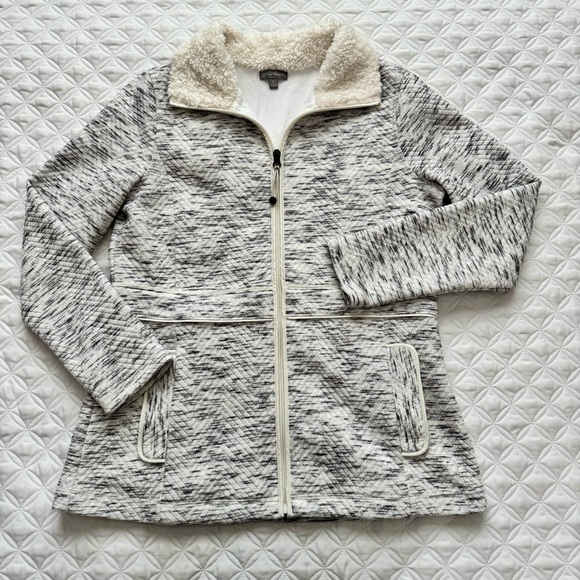 Talbots Jackets & Blazers - T by Talbots Fleece-Trim Quilted Jacquard Full Zip Jacket Gray Ivory Size SP